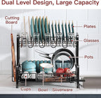 2 Tier Dish Drainers Drying Rack for Kitchen Counter Large Stainless Steel Dishes Drain with Drainboard, Space Saving, Big Modern Black Countertop Metal Plates Dryer Strainer Holder and Extra Tray