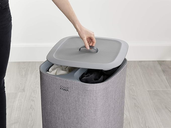 Joseph Joseph Tota 60 liter/15.8 gallon Laundry Hamper Separation Basket with lid, 2 Removable Washing Bags with Handles- Gray