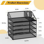 Letter Tray Paper, 5 Tier Desk Organizer with Pen Holder and Handle, Mesh File Organizer Paper Sorter Metal Desktop Document Shelf for Office Home Classroom - Black
