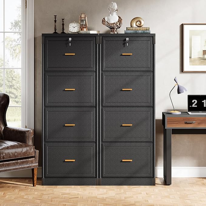 Tribesigns 4-Drawer File Cabinet with Lock, Locked File Cabinet with Key, Tall Wooden Filing Cabinets for Home Office, Vertical Office Storage for Legal Size/Letter/A4/Files, Black (2 Pieces)