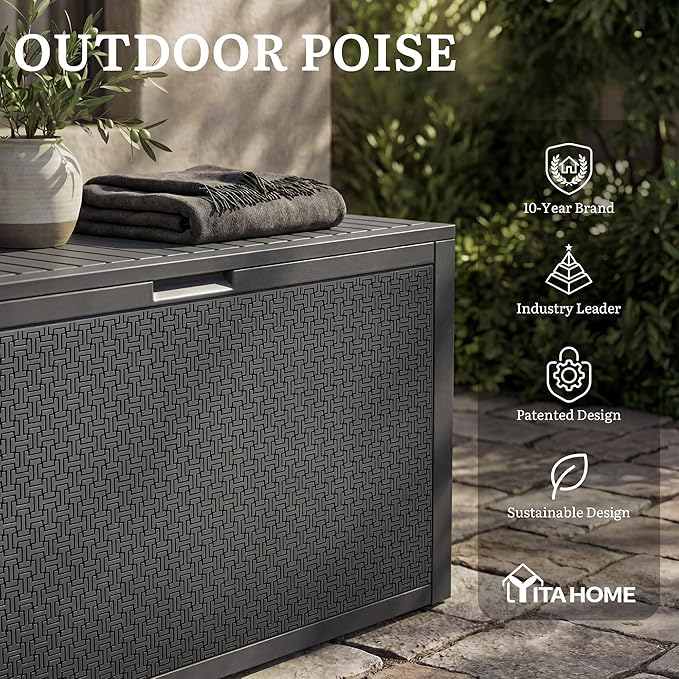 YITAHOME 90 Gallon Large Outdoor Deck Box, Lockable Waterproof Resin Storage Box with Handles, Weatherproof & UV Resistant, Patio Garden Tool Container for Outdoor Furniture, Dark Grey