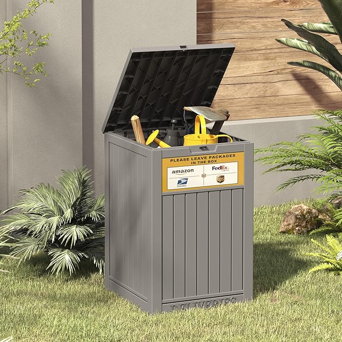 Package Delivery Box for Outside with Sign, 48 Gallon Storage with Lockable Secure, Large Double Wall Resin Outdoor Package Delivery Waterproof