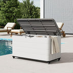 110 Gallon Deck Box Waterproof with Wheels - Mobile Double-Wall Resin Outdoor Storage Box for Patio, Pool, & Garden - Lockable Deck Storage for Cushions, Pool Floats, Boat Slip (Off-White)