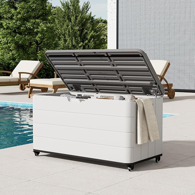 110 Gallon Deck Box Waterproof with Wheels - Mobile Double-Wall Resin Outdoor Storage Box for Patio, Pool, & Garden - Lockable Deck Storage for Cushions, Pool Floats, Boat Slip (Off-White)