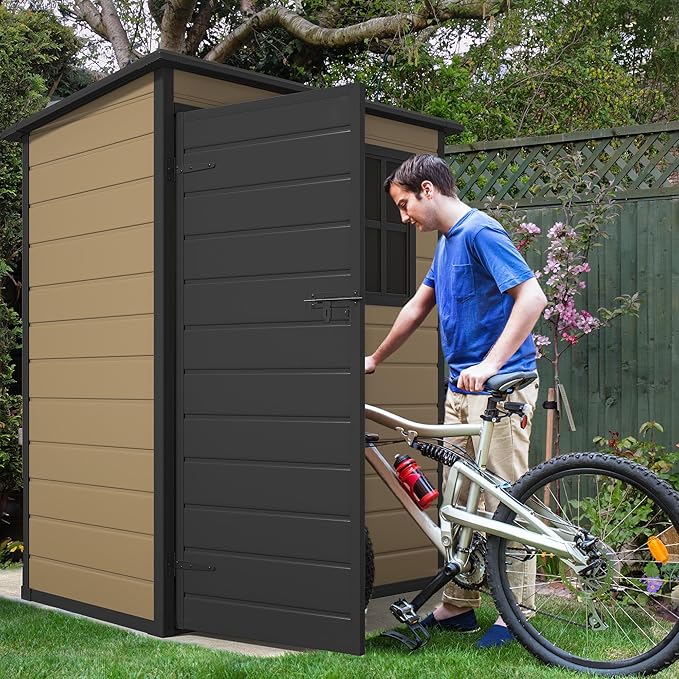 DWVO 5x3ft Resin Outdoor Storage Shed with Floor, Waterproof Lockable Storage Shed with Window, Plastic Outside Tool Storage for Garden, Backyard, Patio, Lawn, Brown
