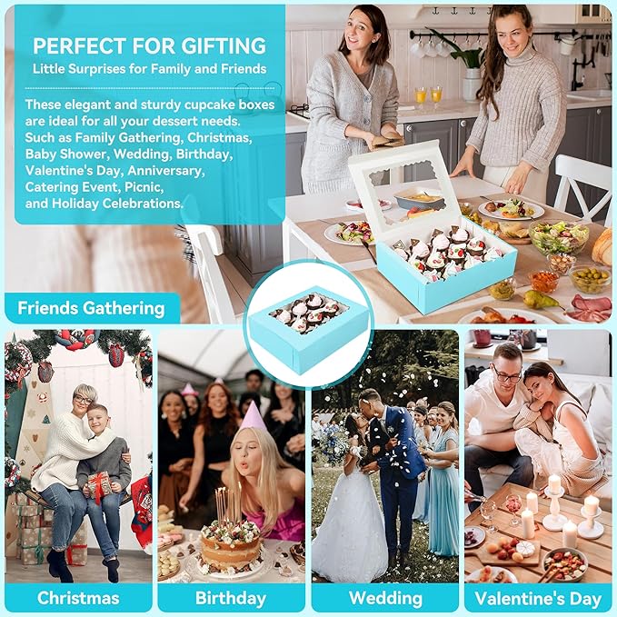 3-Set Cupcake Boxes Bulk with Clear Display Window Hold 12 Standard Cupcakes, Disposable Food Grade Blue Cupcake Carrier Cupcake Container, Perfect for Cupcakes Muffins Cookies Pastries