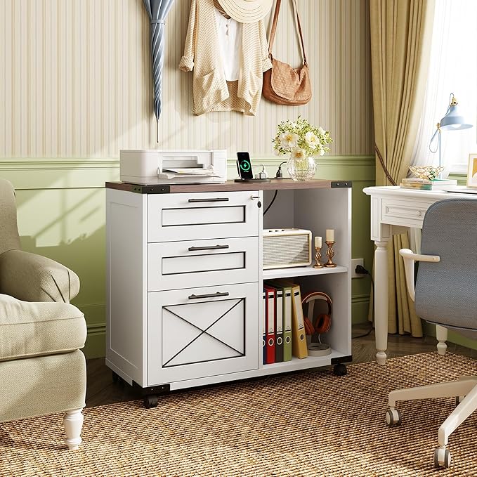 DEVAISE Wood File Cabinet with Charging Station, Mobile Lateral Filing Cabinet with Lock for Home Office, Printer Stand with Open Storage Shelves, Cottage Style White