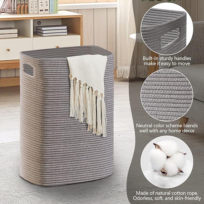 Large Laundry Hamper 16"x13"x22" - Tall Woven Laundry Basket, Cotton Rope Dirty Clothes Hamper, Baby Kids Nursery Wicker Laundry Basket, Bedroom Aesthetic, Soft Laundry Bin, Gray Hamper, 75L