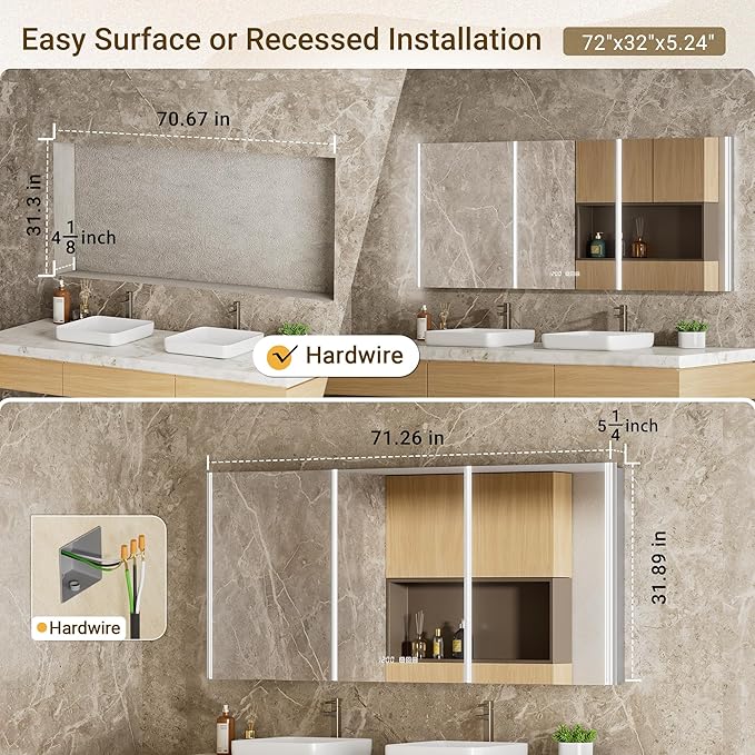 72x32 Lighted Medicine Cabinet Mirror with Magnifying & Night Lamp, 155° Soft-Close Hinge, Surface or Recessed Medicine Cabinet with Lights & Outlet, GFCI,Time Display& Inner Light,Hardwired
