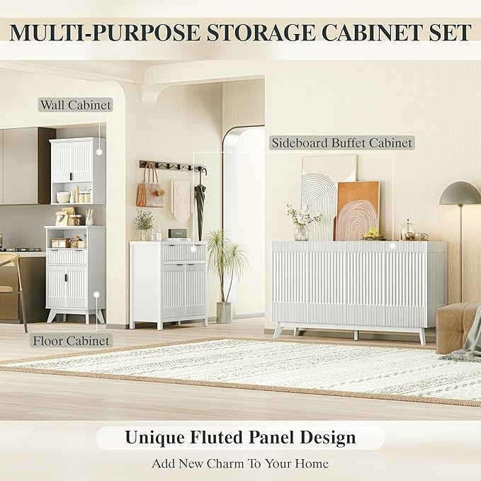 FLOWBACK Fluted Cabinet, 40'' High Coffee Bar Cabinet with Drawer & Door, Bathroom Storage with Open Shelf, Wood Kitchen Pantry Sideboard Buffet Table with Shelves for Kitchen, Dining Room, Entryway