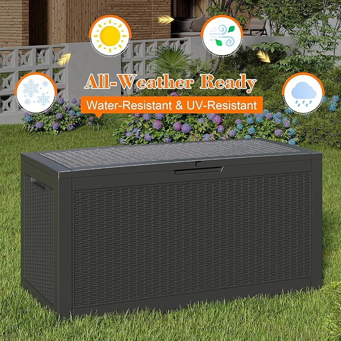 KAMABOKO 101 Gallon Waterproof Large Resin Deck Box, Lockable Large Outdoor Storage Boxes Indoor Outdoor Storage Container for Patio Cushions, Gardening Tools, Pool Supplies, Black