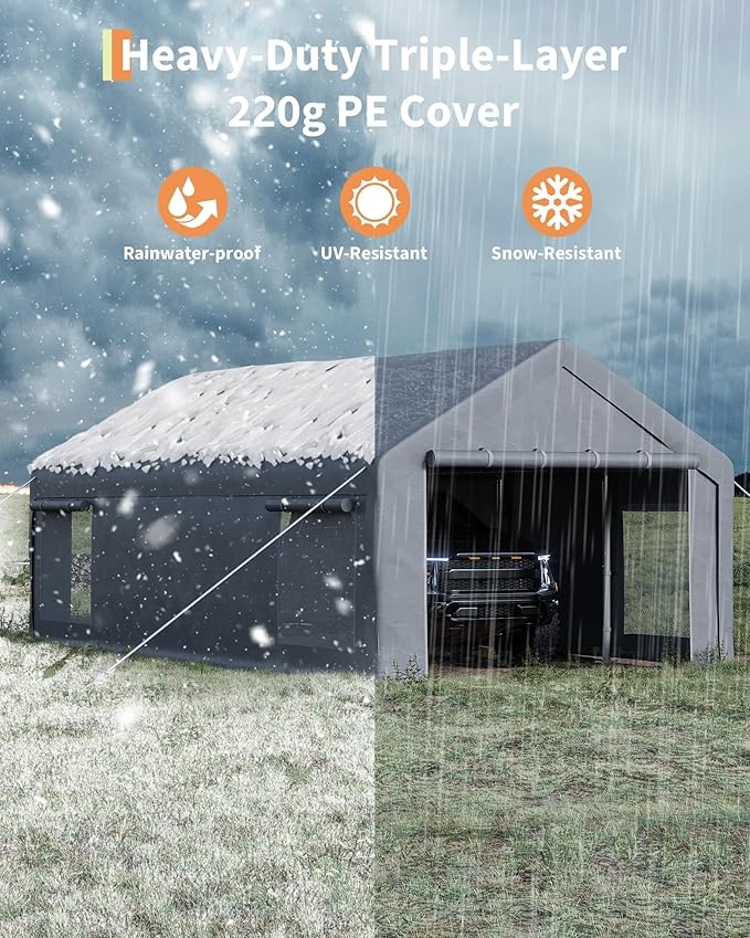 GarveeLife 13x25 ft Portable Garage, Car Port with 220 g PE Tarp Cover, with Front & Rear Roll-Up Doors and 4 Windows, for Temporary Paint Booth, Boats&Pickups Shed, and Event Shelter, Gray