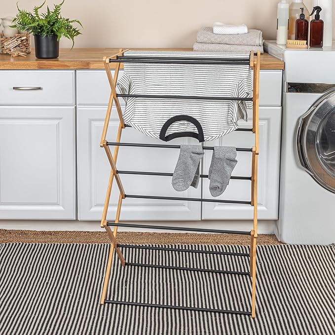 Household Essentials Bamboo Folding Clothes Drying Rack, Compact Upscale Laundry Rack with 13 Coated Dowels, Environmentally Friendly, Stable Frame