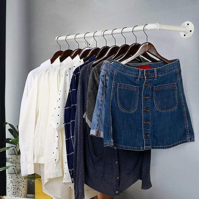 WEBI Clothing Rack Wall Mount White,24" Industrial Pipe Clothes Rack for Hanging Clothes,Heavy Duty Iron Garment Rack Bar,Retail Display Clothes Rod for Closet,Laundry Room