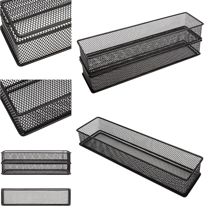 Annova Mesh Stackable Drawer Cabinet and Shelf Organizer Bins Storage Basket School Office Supply Holder Tray- Set of 2 (Black, 3x12x2 Inch)
