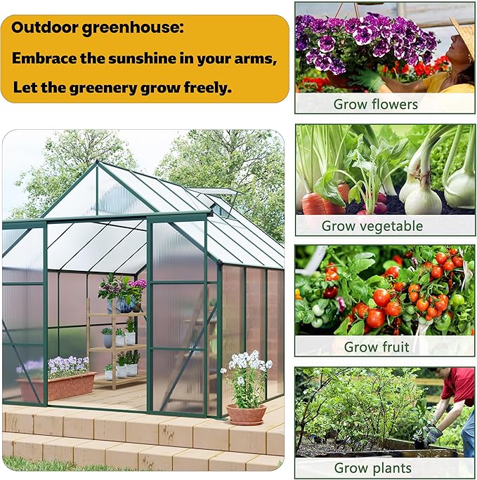 8X10 FT Outdoor Greenhouse, Greenhouse Polycarbonate with Roof Vent, Sliding Lockable Door, Aluminum Walk-in Greenhouses for Outdoor Garden Backyard, Terrace, Lawn，Green