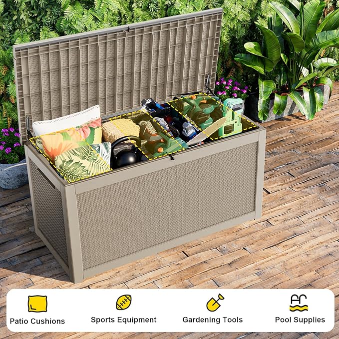 320 Gallon Outdoor Waterproof Resin Storage Deck Box Lockable Outside Bench UV Resistant Bin Patio Porch Furniture Pool Float Garden Tool Cushion Grey