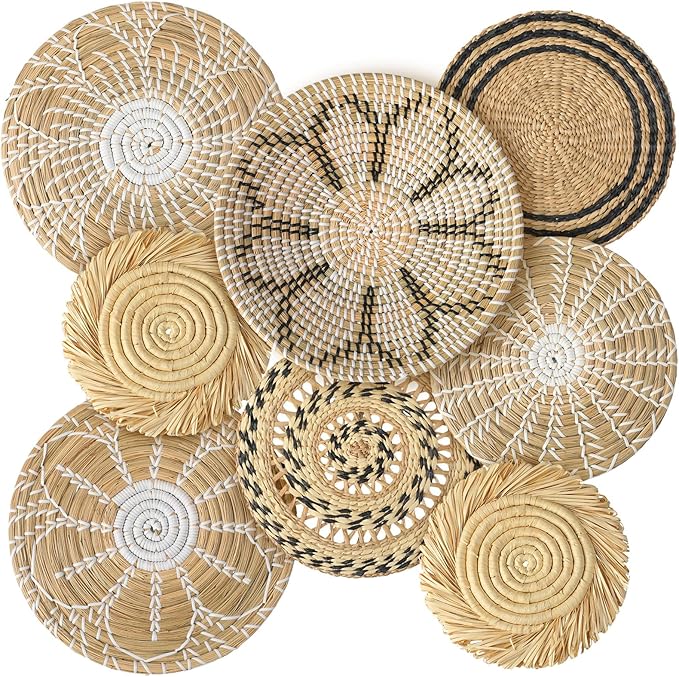 Xuhal 8 Pcs Boho Wall Basket Decor Decorative Bulrush Woven Basket Wall Decor Rustic Farmhouse Hanging Baskets for Kitchen Rustic Home Summer Decorations