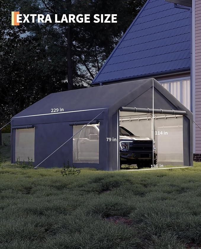 Garvee 12x20 ft Portable Garage, Car Port with 200 g PE Tarp Canopy, with 2 Roll-Up Doors and 4 Windows, for Temporary Paint Booth, Boats&Pickups Shed, and Event Shelter, Gray