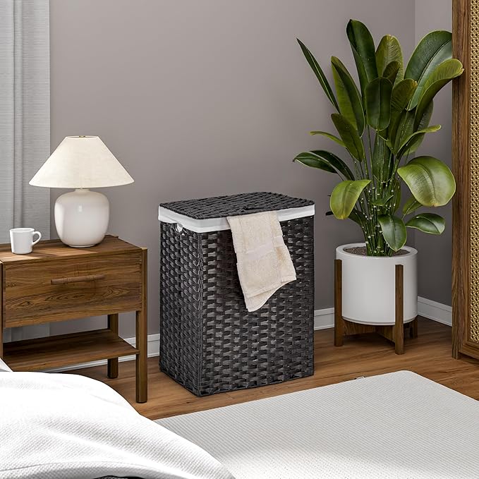 Seville Classics Premium Handwoven Portable Laundry Bin Basket with Carrying Handles, Household Storage for Clothes, Linens, Sheets, Black, Rectangular Hamper