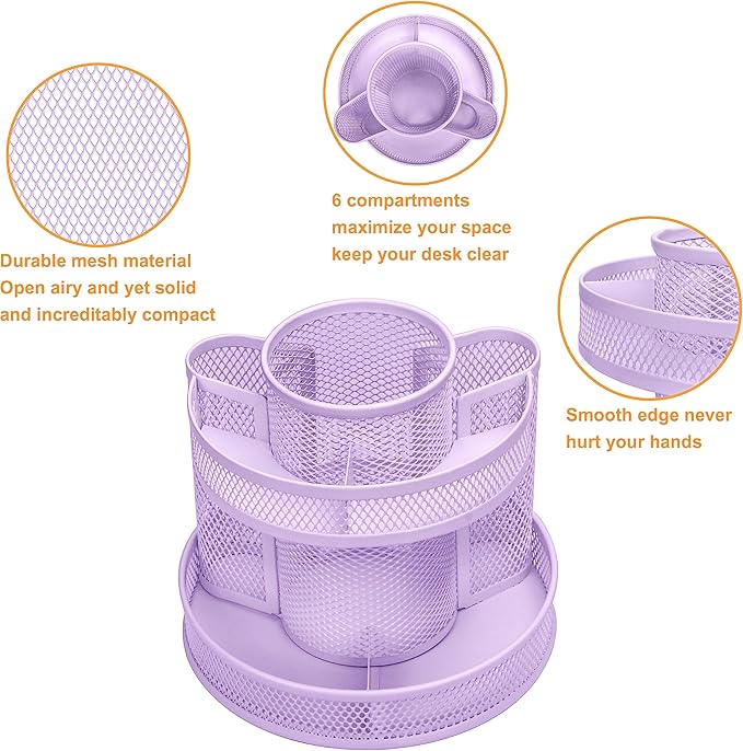 Annova Mesh Desk Organizer Rotate with 5 Compartments Round Spinning Tidy Candy/Pen Holder Desk Accessories Office, Art Supply, Storage, Classroom, Home (Light Purple)