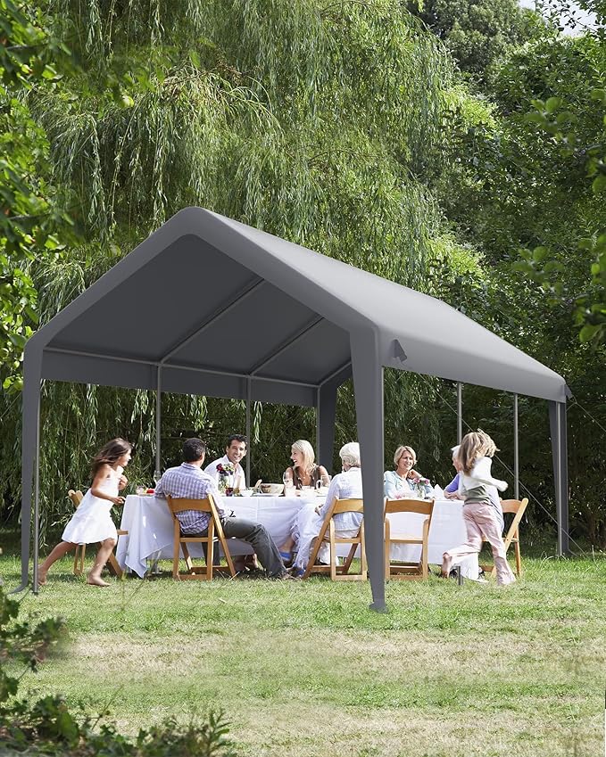 10 x 20ft Carport, Portable Carport with Roll-Up Windows & Removable Sidewalls & Doors Thickened Wind Ropes, Ground Nails, Portable Garage for Cars, Trucks, Boats, 200G Durable Tarp Cover,Grey
