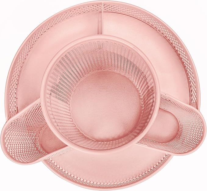 Annova Mesh Desk Organizer Rotate with 5 Compartments Round Spinning Tidy Candy/Pen Holder Desk Accessories Office, Art Supply, Storage, Classroom, Home (Light Pink)
