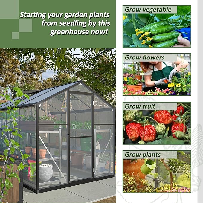 Large Walk-in Clear Polycarbonate Greenhouse with Rain Gutters & Adjustable Roof Vent - Sturdy Aluminum Frame Outdoor Plant House for Vegetable, Flower & Garden Growth-Outbuilding (6x8 ft)
