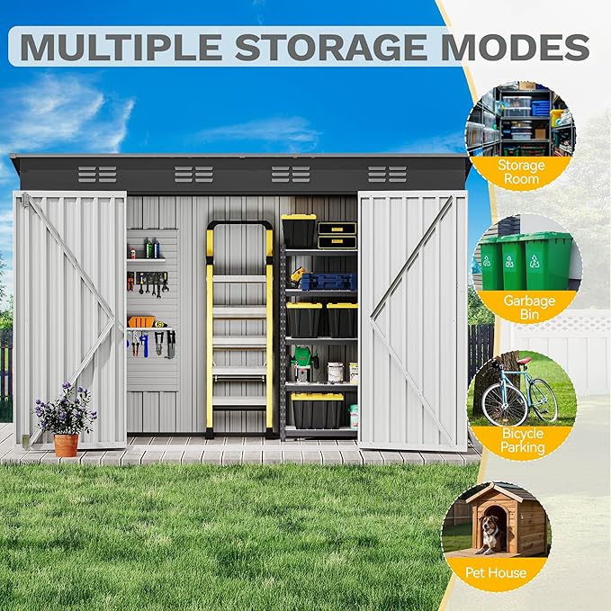 DWVO 8.5' x 3.5' Outdoor Storage Shed, Lockable Double Doors, Sloped Roof, Heavy-Duty Steel Shed for Garden & Patio, Large Backyard Tool Organizer, Dark Gray