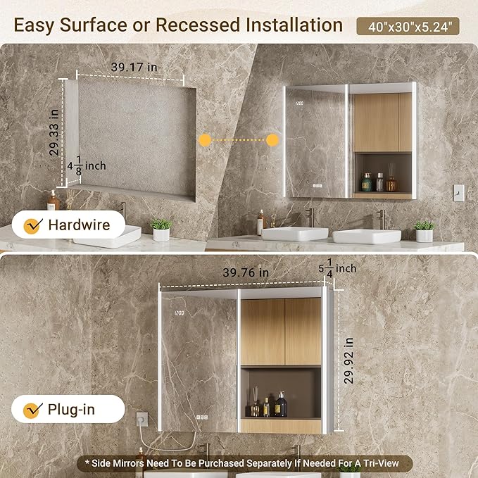 40x30 Lighted Medicine Cabinet Mirror with Lights & Smart Night Lamp -Surface or Recessed Medicine Cabinet Mirror with Outlet & Clock,Fogless Dimmable LED Storage Mirror,Built-in Sensor Light