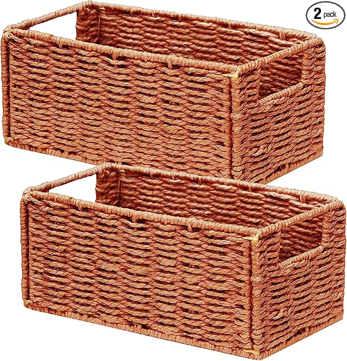 Vagusicc Wicker Storage Basket, Set of 2 Hand-Woven Paper Rope Wicker Basket, Small Storage Baskets for Organizing Toilet Paper, Foldable Small Cube Organizer Bins for Shelves (Orange)