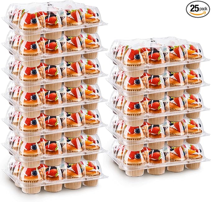 12 Count Cupcake Containers 25 Pack Cupcake Holders with Detachable Tall Dome Lids Clear Plastic Stackable Cupcake Boxes for 300 Cupcakes, BPA Free, Standard Size