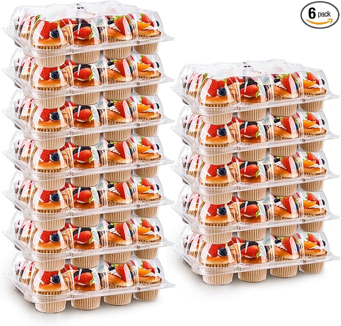12 Count Cupcake Containers 6 Pack Cupcake Holders Plastic Clear Reusable Cupcake Containers with Detachable Tall Dome Lids Stackable Cupcake Boxes for 72 Cupcakes, BPA Free, Standard Size