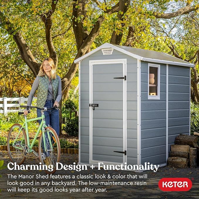 Keter Manor 4x6 Resin Outdoor Storage Shed Kit-Perfect to Store Patio Furniture, Garden Tools Bike Accessories, Beach Chairs and Lawn Mower, Grey & White