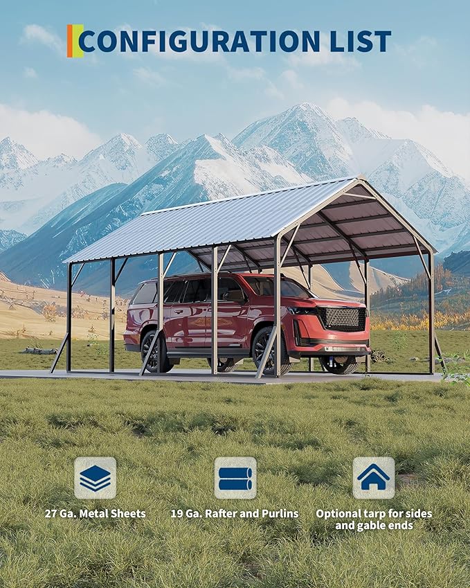 Garvee 13x21 ft Metal Carport Kit, 120° Steep-Pitch Vertical Roof for Snow Shedding, 133" High-Clearance Full-Sized Pickup & Van Shelter, Heavy-Duty Metal Car Port with Reinforced Frame