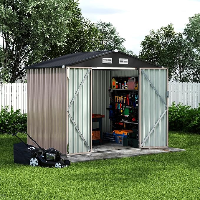 8x6ft Heavy Duty Outdoor Storage Shed, Metal Tool Shelter with Lockable Doors, Air Vents, Large Weatherproof Utility Building for Backyard Patio Lawn – Wind & Rain Resistant, UV Protection