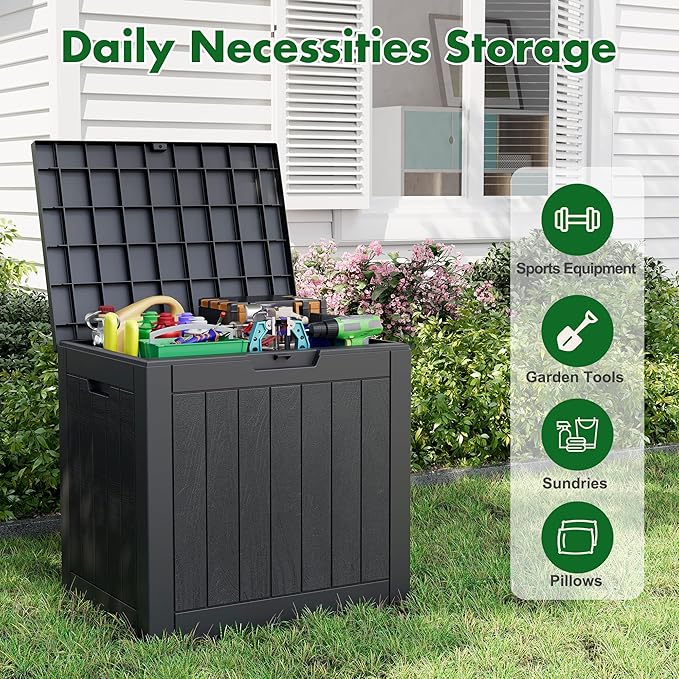 Outdoor Storage Box, Resin Deck Boxes Indoor and outdoor, Waterproof Storage Box Lockable Lid (Black,35 Gallon)