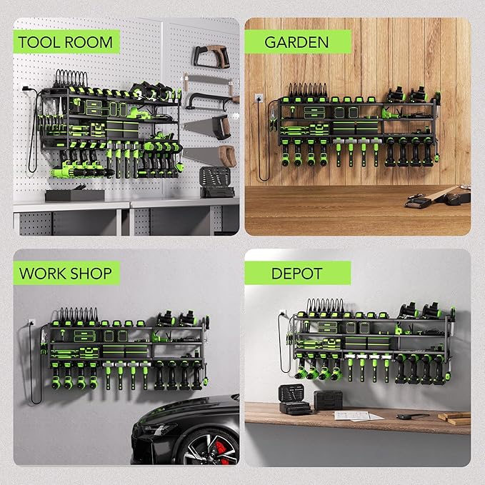 Power Tool Organizer Wall Mount with Charging Station – 12 Drill Holder Rack with 8-Outlet Power Strip, Heavy Duty Garage Battery Charging Station, Tool Storage Rack for DeWalt, Milwaukee