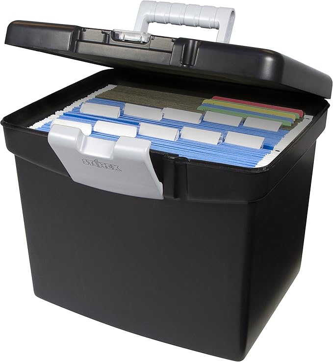 Storex Portable File Box with Organizer Lid – Plastic Office File Storage Box for Letter Paper and Hanging Folders, Obsidian, 1-Count (61504C01C)