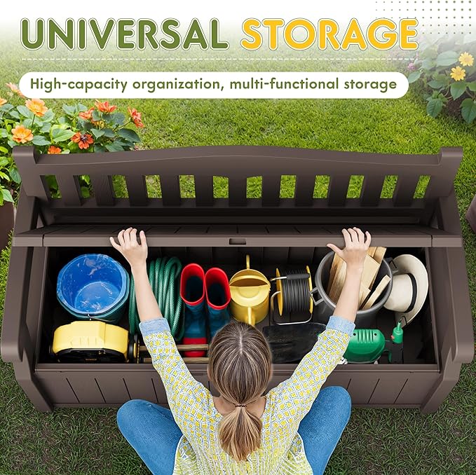 Greesum 80 Gallon Outdoor Storage Bench Deck Box with Cushion & Armrest, Lockable, Waterproof UV Resistant, Comfortable Seating for Patio, Pool, Garden, Brown