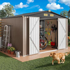 IRONCK 10x8FT Outdoor Storage Shed with Breathable Vent, Galvanized Steel Metal Tool Shed with Lockable Doors for Yard Bins/Generator/Wheelbarrow Garden Storage, Brown