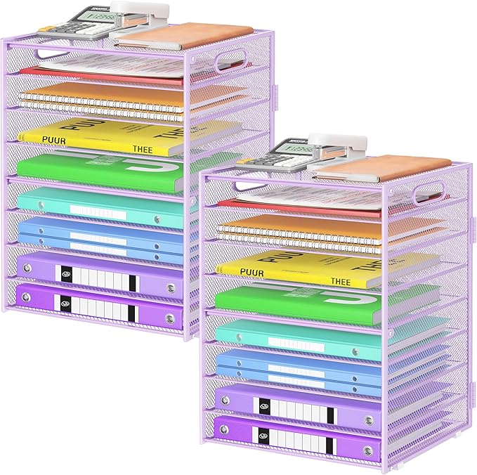 9 Tier Paper Organizer with Handle, 2 Pack Large Capacity Desk Organizer Mesh Paper Letter Tray File Folder Document Sorter for Classroom and Office Accessories Organization- Purple