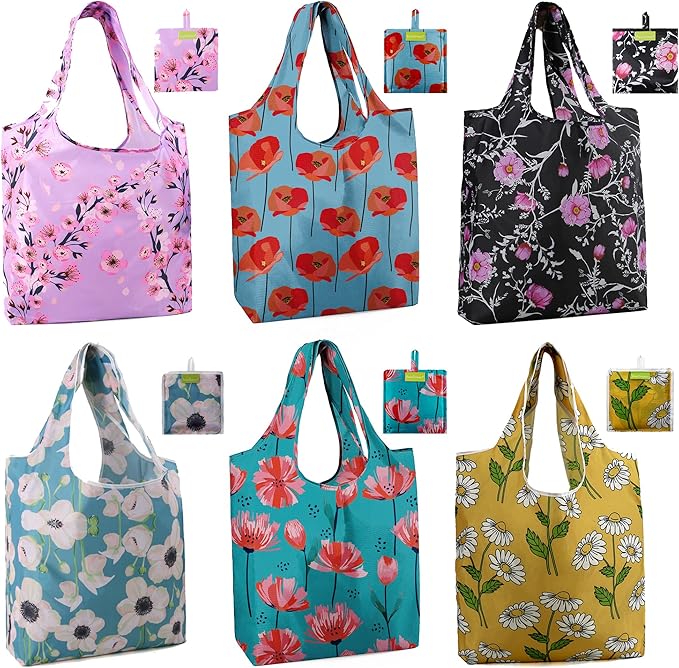 BeeGreen Flower Reusable Shopping Bags Cute Grocery Bag 6 Pack, Christmas Gift Bags Heavy-Duty Foldable Shopping Totes for Supermarket, Work & Travel, Large Washable Polyester Tote Bag with Handles
