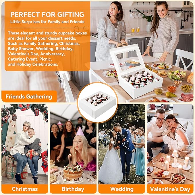 20-Set Cupcake Boxes Bulk with Clear Display Window Hold 12 Standard Cupcakes, Disposable Food Grade White Cupcake Carrier Cupcake Container, Perfect for Cupcakes Muffins Cookies Pastries