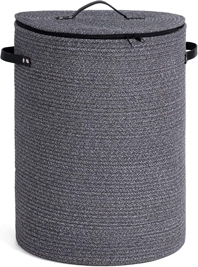 CHICVITA Large Laundry Hamper with Lid, 58L, Tall Clothes Laundry Basket for Bedroom, Rope Laundry Bin for Clothes, Blankets, Toys, Woven Laundry Basket for Living Room, 15 x 20 inches, Grey