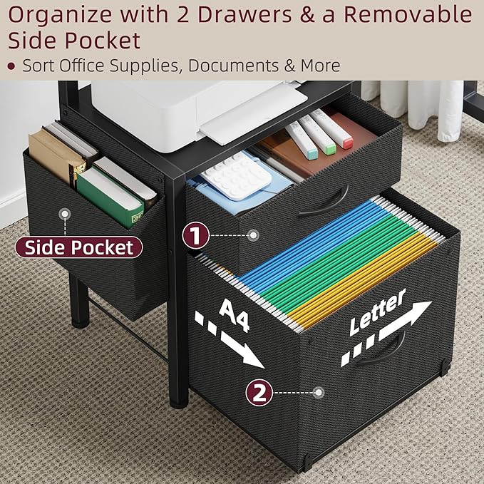 2-Drawer File Cabinet, Filing Cabinet with 2-Tier Printer Shelves, Office Cabinets with Side Bag&File Drawer for A4/Letter Size, Printer Stand with Storage for Home Office, Black, 16.5" W