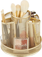 Annova Mesh Desk Organizer Rotate with 5 Compartments Round Spinning Tidy Candy/Pen Holder Desk Accessories Office, Art Supply, Storage, Classroom, Home (Gold)