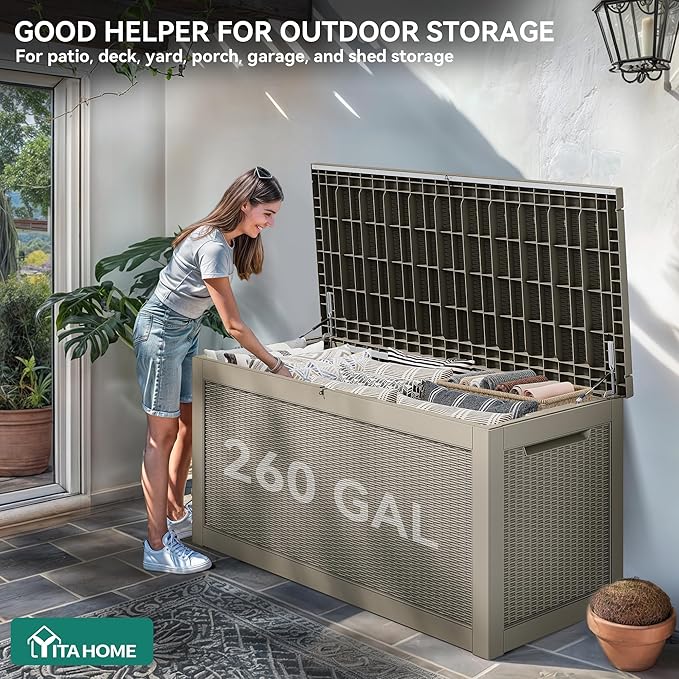 YITAHOME 260 Gallon Outdoor Storage Box, Large Water Resistant Resin Deck Box, Indoor Outdoor Lockable Storage Container for Patio, Garden, Cushions, Tools, Equipment(Brown)