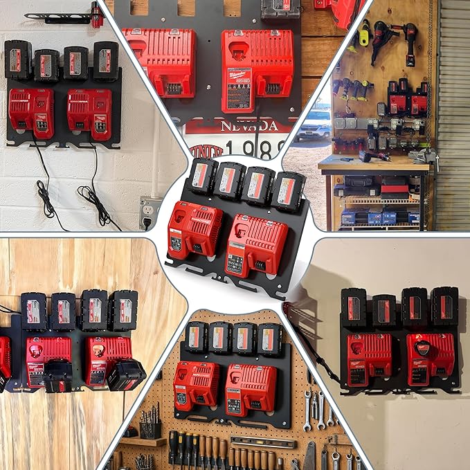 3-in-1 Battery Charger Wall Mount Holder for Milwaukee 4X M18 18V Battery and 2X M12-18C Charger/2x M12-18FC Charger/1x M18 DFC & 2 Drills. Battery Charger Hanger/Storage/Rack/Organizer for Garage