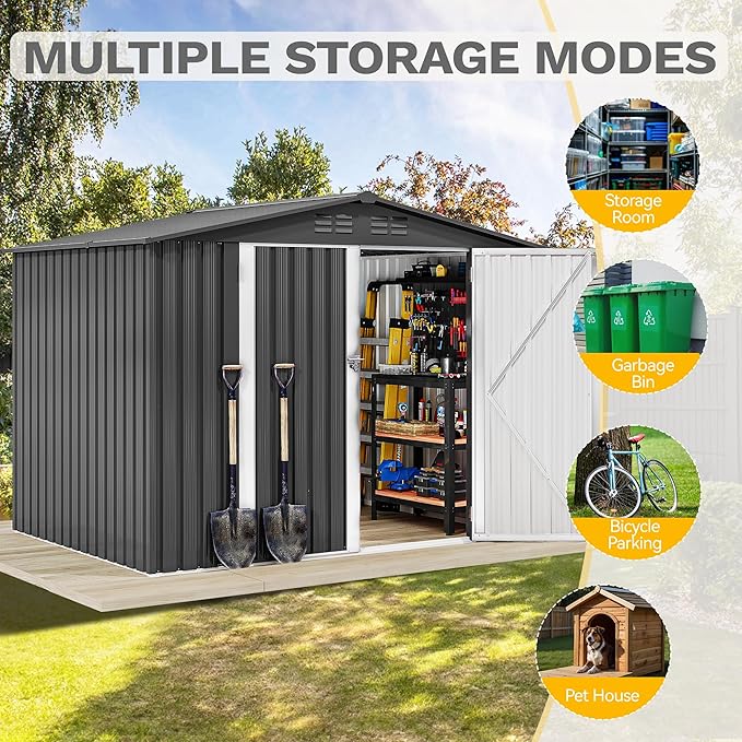 DWVO 7x5FT Outdoor Storage Shed, Roomy Steel Tool Shed with Secure Entrances & Air Circulation for Patio, Lawn, and Backyard, Ideal for Storing Garden Gear, Lawn Tools, and Bikes, Dark Gray